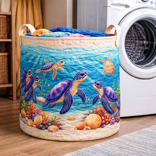 Sea Turtle Laundry Hamper, Coastal Quilted-Effect Storage Bin