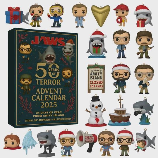 Jaws 50th Anniversary Advent Calendar 2025, 24 Days of Brody, Quint & Bruce Ornaments, Amity Island Collector Gift Set