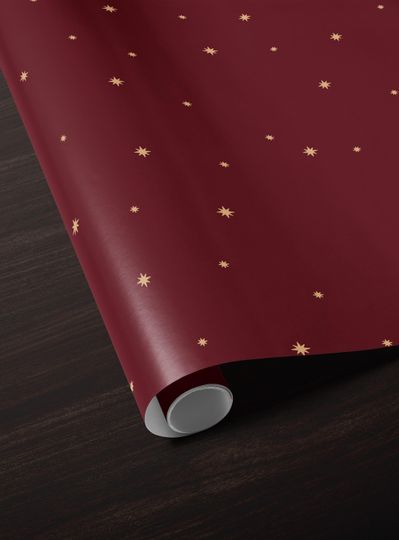 Christmas Wrapping Paper Golden Stars Red Gift Wrap Holiday Winter Themed Paper Roll Modern Festive Party Decor Moody Celestial Design Xmas