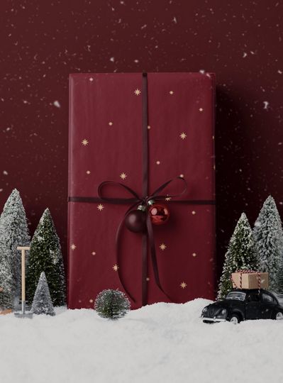 Christmas Wrapping Paper Golden Stars Red Gift Wrap Holiday Winter Themed Paper Roll Modern Festive Party Decor Moody Celestial Design Xmas