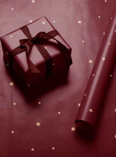 Christmas Wrapping Paper Golden Stars Red Gift Wrap Holiday Winter Themed Paper Roll Modern Festive Party Decor Moody Celestial Design Xmas