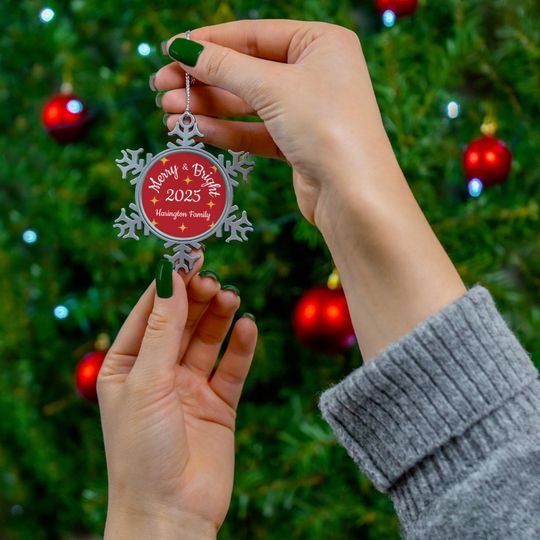 Personalized Snowflake Christmas Ornament Merry & Bright 2025 Family For Her For Him Gift | Pewter