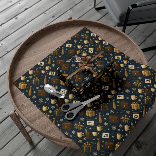 Office Xmas Paper, Gold Holiday Icons Gift Wrap, Christmas Wrapping Paper