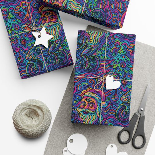 Psychedelic Trippy Santa Pattern Gift Wrap Papers, Vibrant Swirl Holiday Wrapping