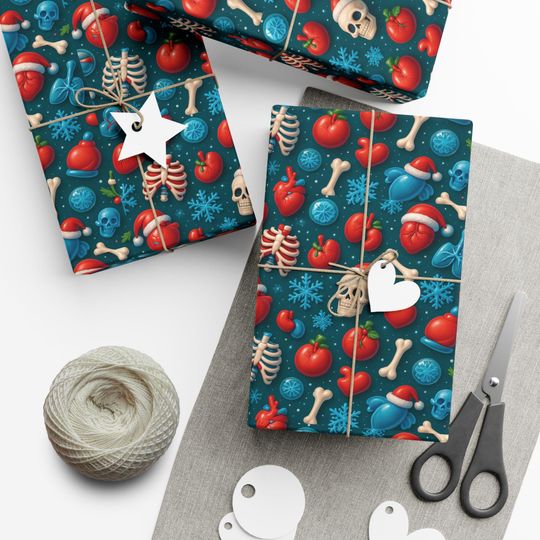 Anatomy Skulls Hearts Bones Pattern Gift Wrap, Holiday Wrapping Paper