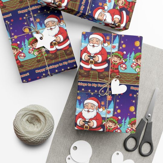 Gaming Santa and Elves Pattern Gift Wrap Papers, Christmas Wrapping Paper