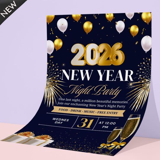 New Year 2026 Event Party Flyer - Gold & Navy Vertical Poster Template