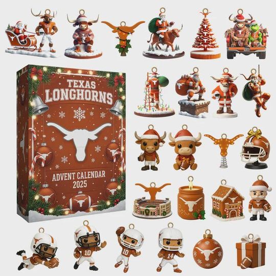 Texas Longhorns Advent Calendar 2025, 24 Days of Bevo Icon & NCAA Football Ornaments, Hook 'Em Horns Alumni Gift Set