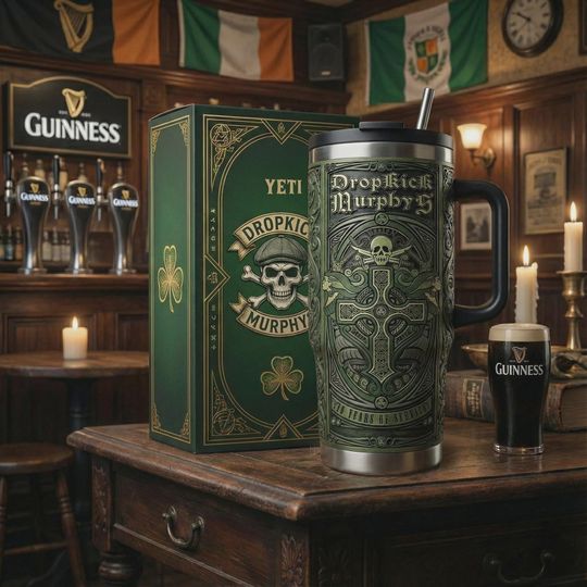 Celtic Rock Skull 40oz Tumbler with Handle Insulated Travel Mug Irish Fan Gift