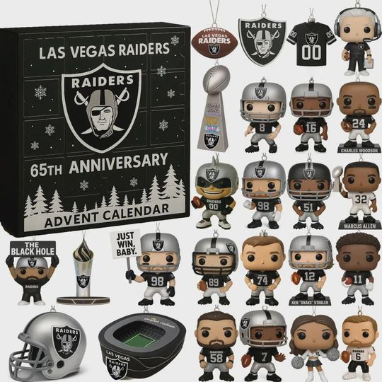 Las Vegas Raiders 65th Anniversary Advent Calendar 2025, 24 Day football Ornament Set, Raiders Nation Collector Gift