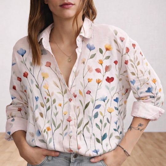 Boho Floral Blouse Shirt, Wildflowers Women Shirt, Vintage Floral Casual Shirt, Botanical Floral Shirt, Gift For Gardener