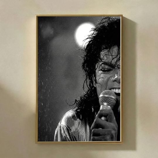 Michael Jackson Rain Concert Poster, Black and White Close Up Singing Photo Wall Art, Iconic Pop Legend Decor