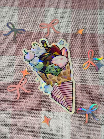 Kawaii Ice Cream Waffle Cone Holographic Vinyl Sticker