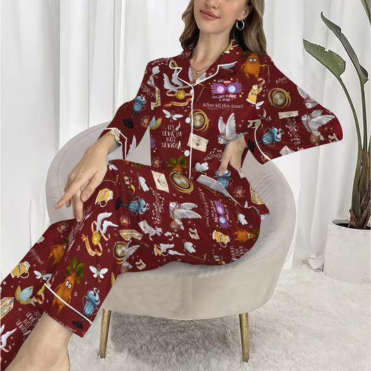 Magic Inspired Pajama Set, Leviosa Quotes, Owls, Spells & Wizard Icons, Cozy Womens Silk PJs