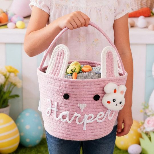 Personalized Easter Basket Bunny Baskets Baby Name Basket Boy Girls Egg Hunt Bucket Gifts Bunny Basket Toddler Basket Easter Gifts