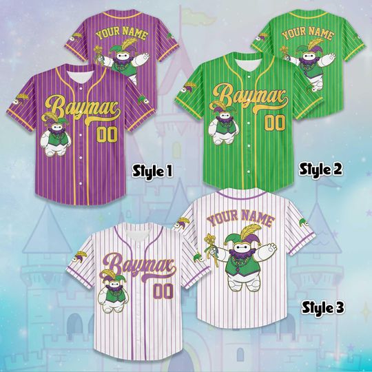 Custom Baymax Mardi Gras Baseball Jersey, Disney Big Hero 6 Baymax Jersey, Disneyland Baseball Team Outfit, Birthday Gift For Fans
