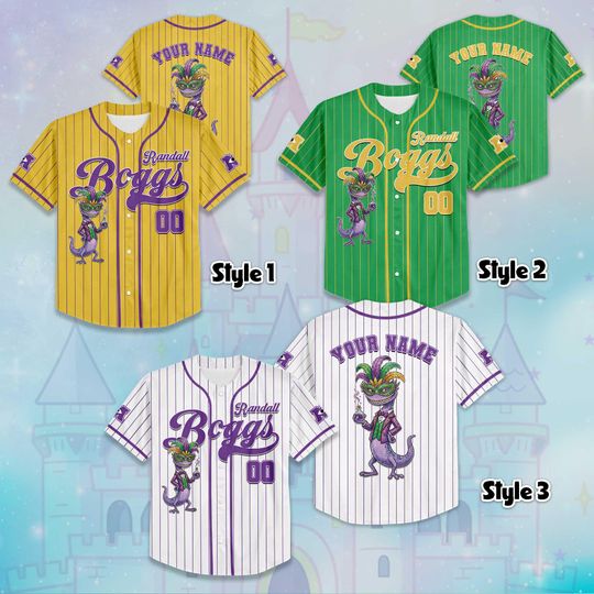 Personalized Randall Boggs Mardi Gras Baseball Jersey, Disney Pixar Villain Shirt, Matching Disney Trip Outfit