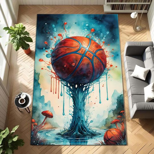 Abstract Basketball Art Area Rug, Modern Sports Decor