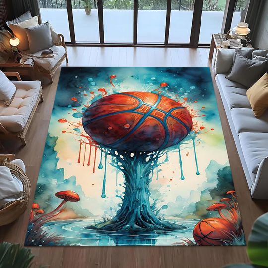 Abstract Basketball Art Area Rug, Modern Sports Decor