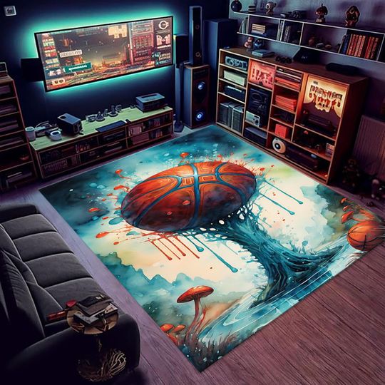Abstract Basketball Art Area Rug, Modern Sports Decor