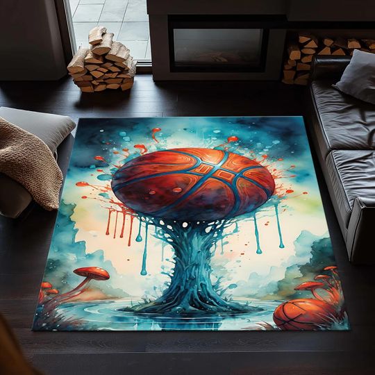 Abstract Basketball Art Area Rug, Modern Sports Decor