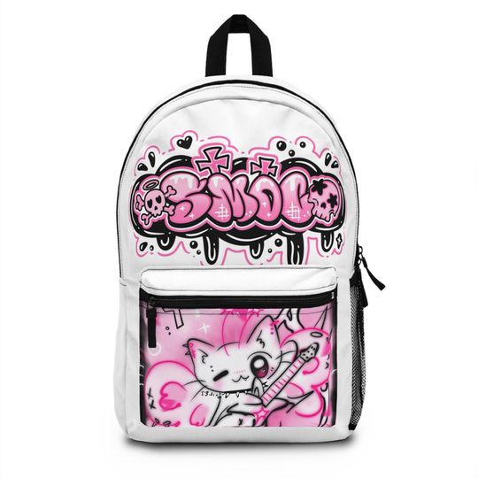 Kawaii Pink Graffiti Cat Backpack - Street Art School Bag