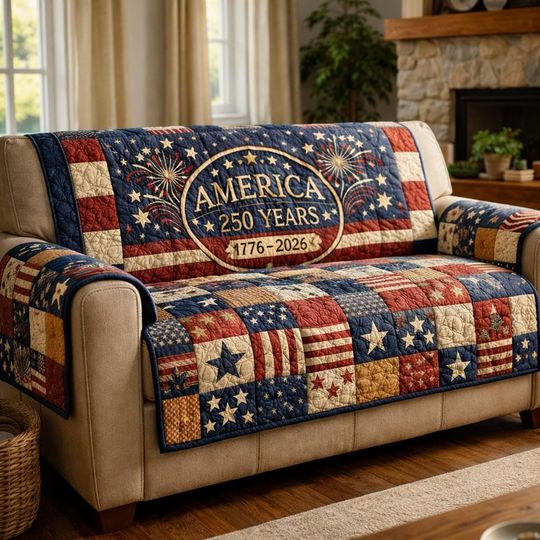 America 250 Years Quilted Sofa Cover, Patriotic Couch Protector, American Flag Throw, 1776-2026 Celebration Decor, USA Stars and Stripes