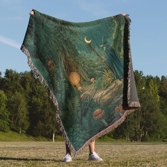 Mystic Wizard Woven Blanket, Enchanted Forest Throw, Moonlit Fantasy Tapestry