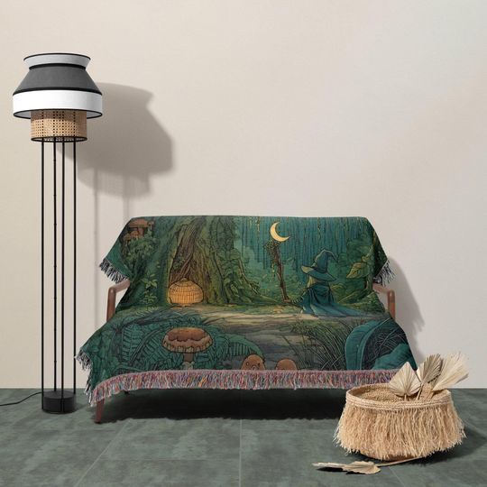 Mystic Wizard Woven Blanket, Enchanted Forest Throw, Moonlit Fantasy Tapestry
