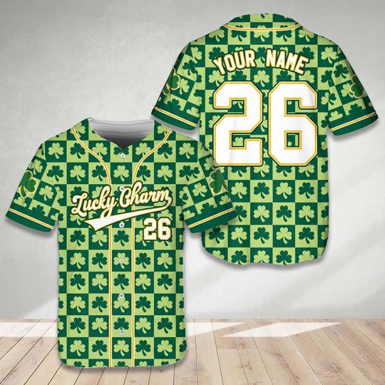 Personalized St Patrick's Day Baseball Jersey, Clover Lucky Charm Jersey, Shamrock Shirt, St Pattys Day Shirt For Baseball Lovers