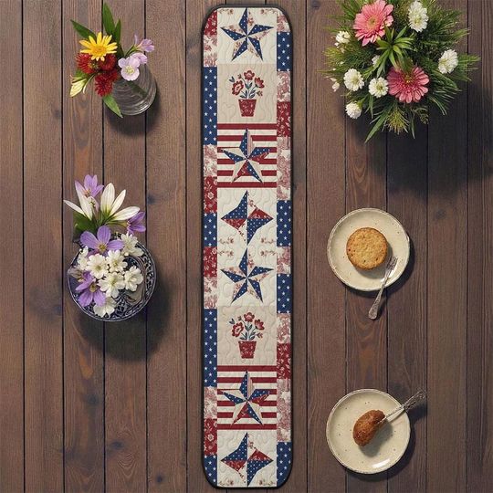 Stars and Flowers Quilted Table Runner Patriotic Red White Blue Table Decor Patchwork Quilt Home Decor Americana Rustic Farmhouse Accents