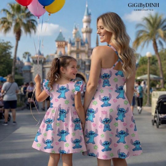 Mom & Daughter Matching Stitch Pink Dress, Cute Cartoon Print Summer Outfit, Family Matching Dresses, Back Cut-Out Skater Style