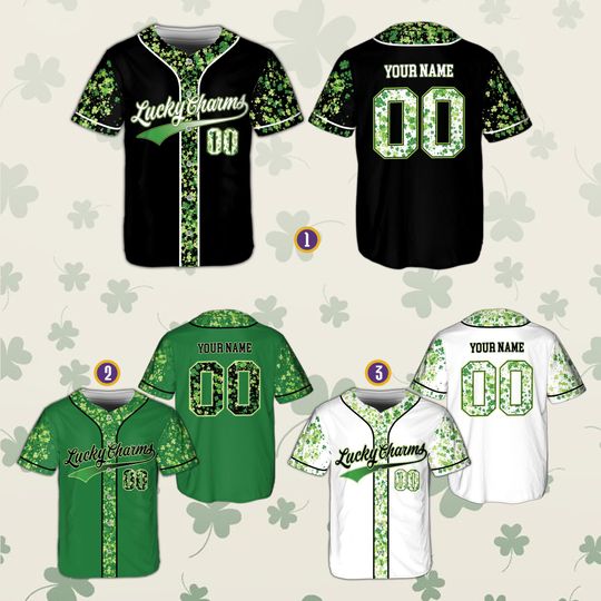 Personalized Lucky Charms Baseball Jersey, Custom Name Shamrock Clover Shirt, St Patricks Day Outfit