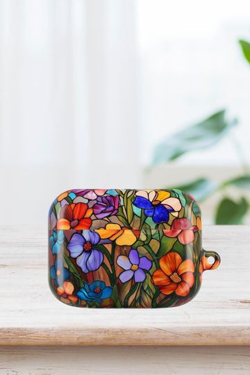 Floral Stained Glass Airpods Case Cover, Colorful Flower Pattern, Protective Scratch-Resistant Lightweight Earbud Case