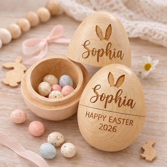 Personalized Wooden Easter Egg: Engraved Hollow Egg Decor 2026 Custom Name Gift