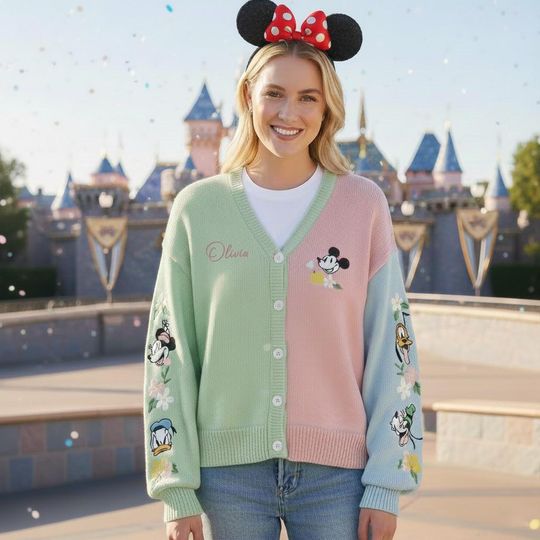 Personalized Disney Mickey Mouse And Friends Spring Pastel Girls Print Cardigan, Disney Cardigan for Women, Cute Aesthetic Disney Outfit