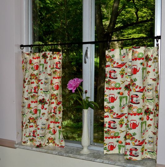 Retro Kitchen Caf Curtains, Mid Century Red Vintage Tier Set, 50’s Style Window Half Curtains