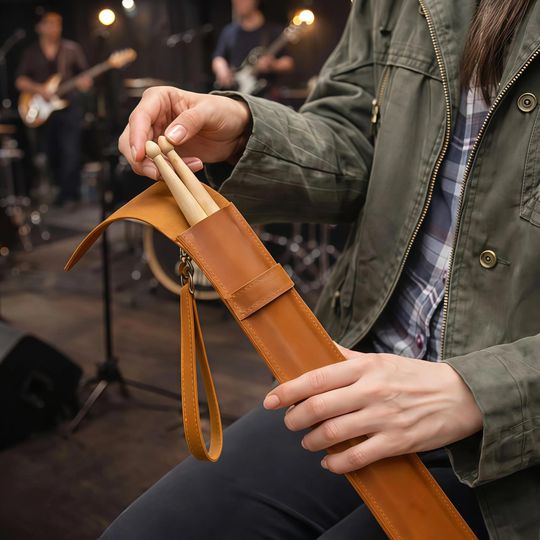 Leather Drumstick Bag with Engraving, Personalized Drum Stick Holder for Drummers