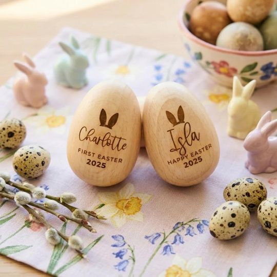 Personalized Wooden Easter Egg Shaker, Custom Baby First Easter Gift, Kids Musical Instrument, Engraved Montessori Toy, Wood Egg Shakers