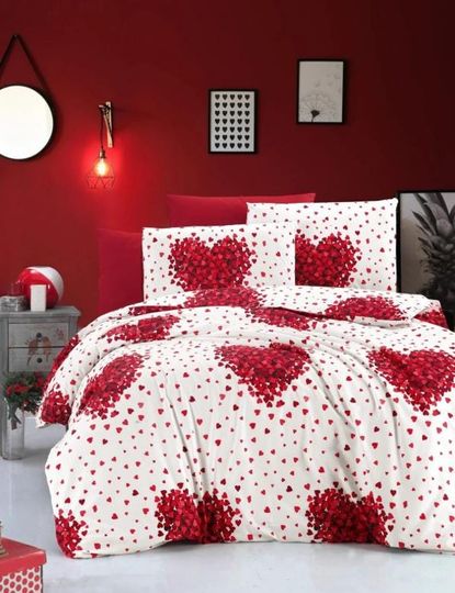 Heart Duvet Cover Set, Romantic Red Ranforce Bedding, Double Layer Bed Linen with Sheets