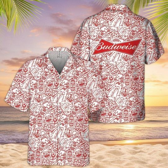Budweiser Summer Doodle Art Hawaiian Shirt, Mens Beach Vacation Outfit, Summer Party Tee