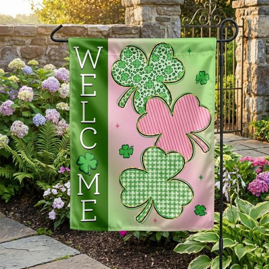 Welcome Shamrock Silk Garden Flag, St Patricks Day Yard Flag, Irish Clover Outdoor Decor, Spring Green Lawn Flag