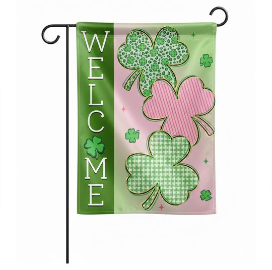 Welcome Shamrock Silk Garden Flag, St Patricks Day Yard Flag, Irish Clover Outdoor Decor, Spring Green Lawn Flag