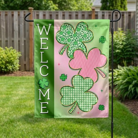 Welcome Shamrock Silk Garden Flag, St Patricks Day Yard Flag, Irish Clover Outdoor Decor, Spring Green Lawn Flag