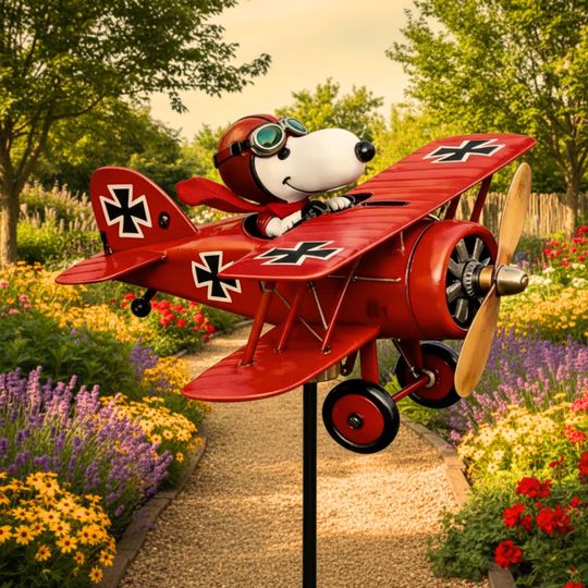 Vintage Biplane Wind Spinner, Airplane Garden Decor, Rustic Lawn Ornament