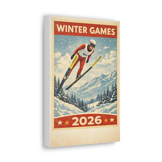 Winter Games Ski Jumper Canvas | 2026 Retro Mountain Poster
