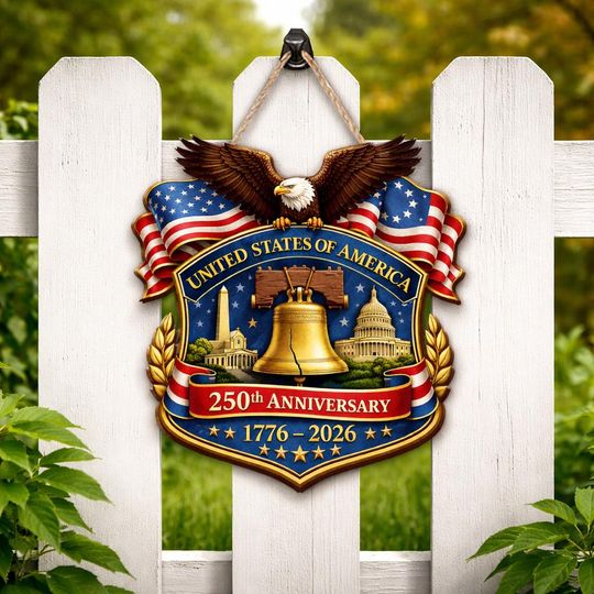 USA 250th Anniversary Wooden Door Hanger, Patriotic Front Door Decor, American Eagle Liberty Bell Sign, 17762026 Independence Day Decor