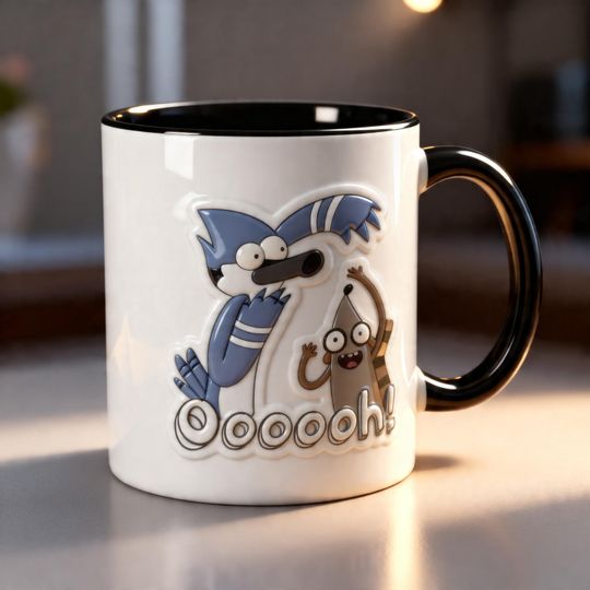 Regular Show Mordecai Rigby 3D Embossed Mug, Ooooh Cartoon Coffee Cup, Regular Show Mug