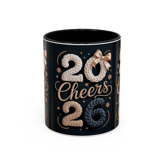 Cheers 2026 New Year Mug, Cozy Knit Style, Ceramic Coffee Cup