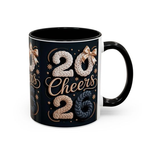 Cheers 2026 New Year Mug, Cozy Knit Style, Ceramic Coffee Cup